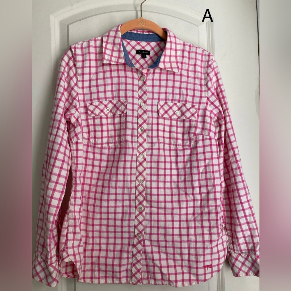 Talbots Women's Blouse Shirt Size M Plaid Pink Metallic Shimmer Long